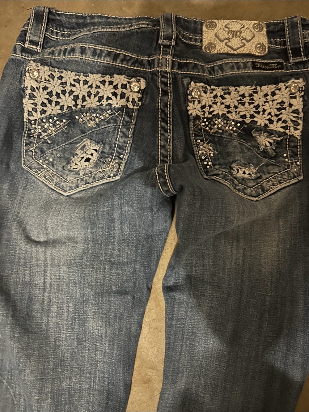 Miss Me Skinny Cuffed Leg Jeans with Crochet & Rhinestone Pocket Detail